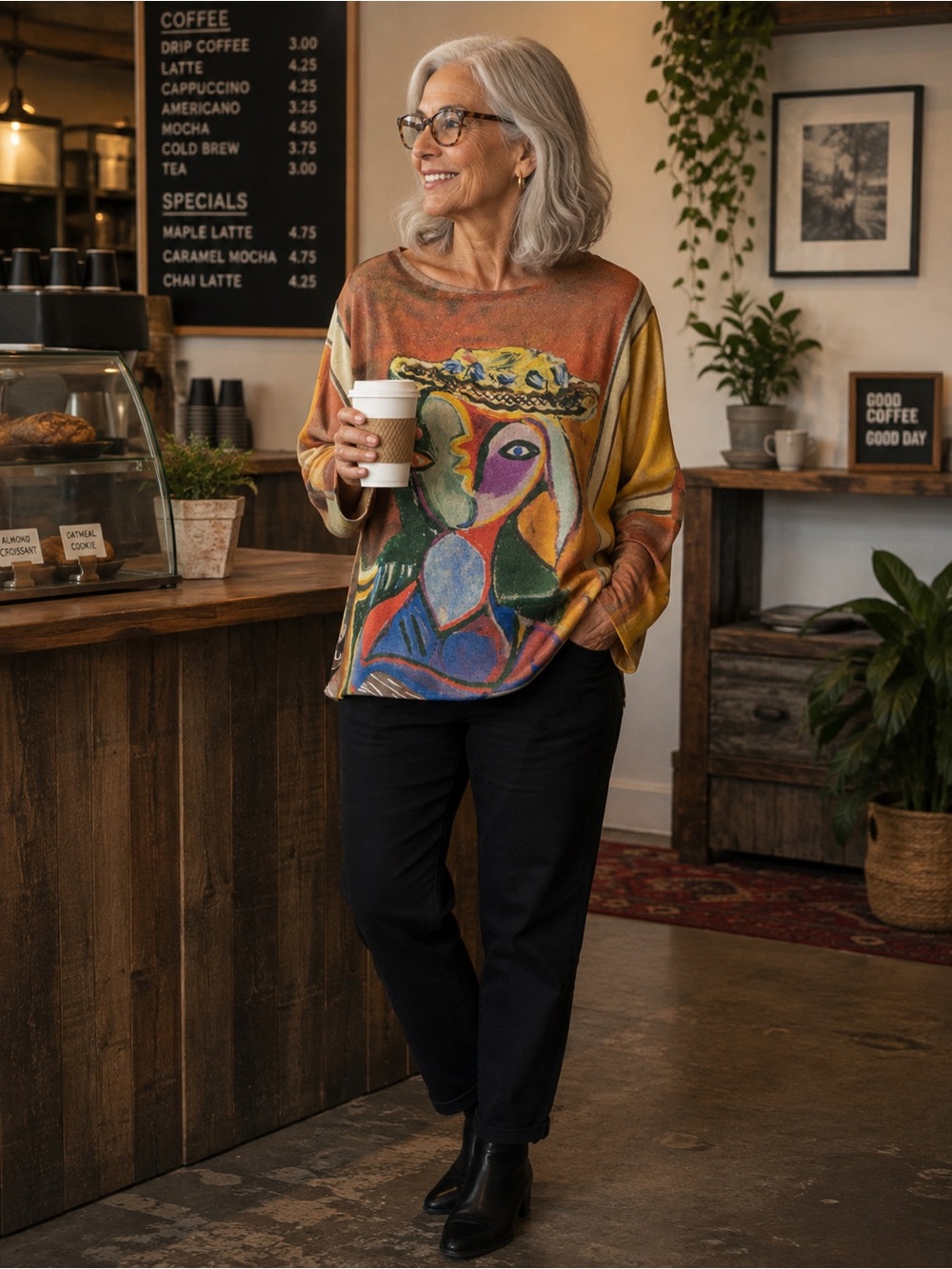 Abstract Art-Print Scoop Neck Sweater in Multicolor
